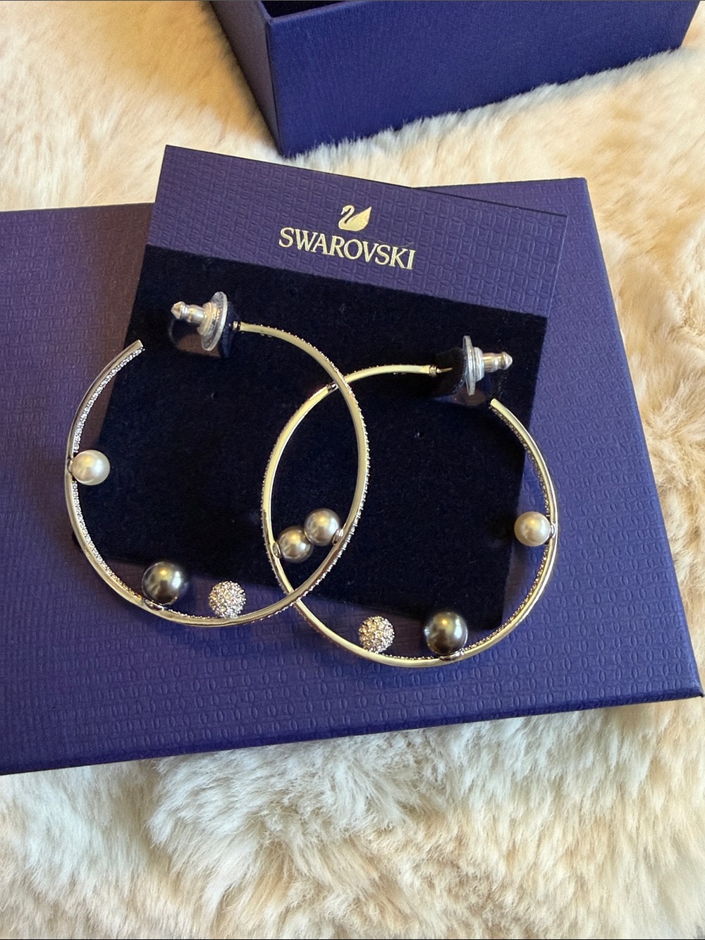 Swarovski Silver crystal Hoop Earrings with Black and Cream Pearls & Pavé 3